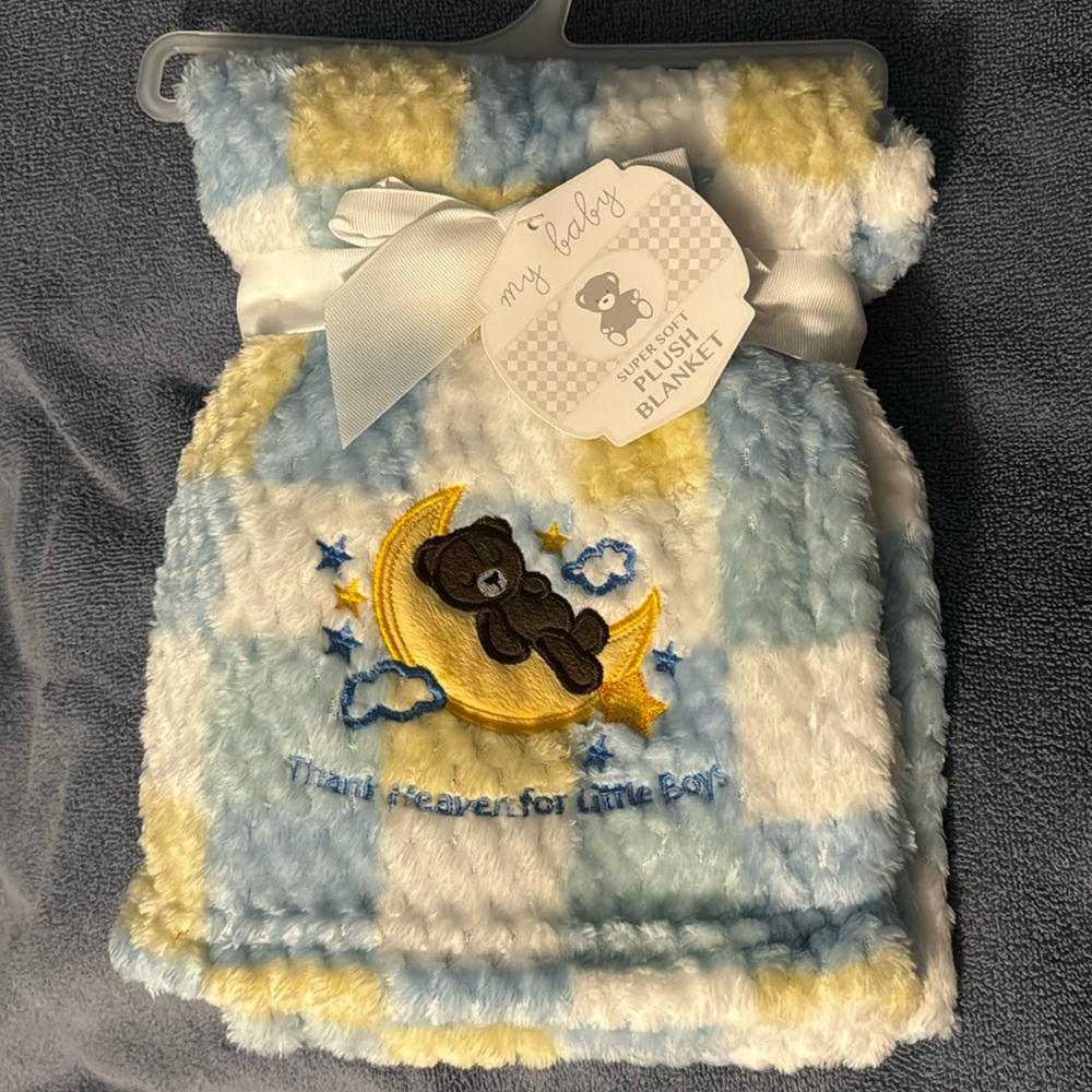 Thank Heaven for Little Boys BABY BLANKET 30x40 Teddy Bear MOON Super Soft Plush